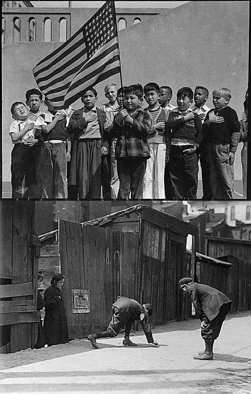 Figura 1. Arriba, Juramento a la bandera en una escuela pública de San Francisco, previo a la evacuación. 1942; y abajo, "truanes en la calle, 11:00am en día de escuela" (1910).