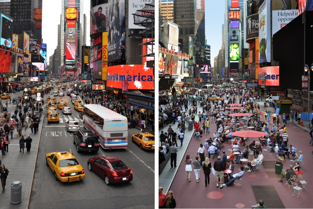 Imagen aérea de Times Square antes y después de la actual intervención. Fuente: assemblepapers.com.au