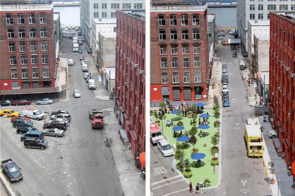 Intervención recientemente realizada en Brooklyn donde transformaron un estacionamiento de automóviles en una plaza para el barrio. Fuente: nytimes.com