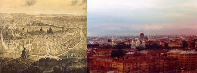 Figura. Morse nos advierte que el modelo centro-periferia es una interpretación falsa de la historia de la cultura. Si Londres y Paris constituyen las primeras "arenas culturales", cuna de la detonación modernista, San Petersburgo y Viena demuestran cómo la periferia se convierte en centro, cómo la sociedad urbana periférica puede producir logros de vanguardia. Izquierda, La Viena del Siglo XIX, y derecha, San Petersburgo.