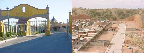 Figura. Izquierda, Acceso controlado y barda perimetral en un fraccionamiento residencial de Ciudad Juárez; y derecha, Vista de dos fraccionamientos yuxtapuestos en construcción, Nogales, México.