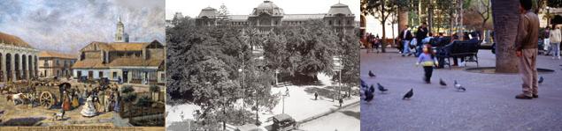 Figura 6. La Plaza de Armas de Santiago es un buen ejemplo de las sucesivas transformaciones ocurridas en un espacio urbano profundamente simbólico, cuyo rasgo característico a través de las épocas ha sido, sin embargo, su condición abierta y multifuncional. Izquierda, Ernesto Charton de Treville, c1850; centro, Archivo Fotogáfico Chilectra, 1919; y derecha, Diego Campos, 2005.