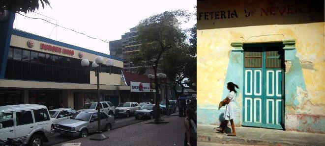 Figura 11. Ante los ojos de los turistas o de los investigadores, San José -al igual que las todas las grandes urbes latinoamericanas- aparece como una ciudad de contrastes: un local de comida chatarra en el centro histórico de San José, y un barrio tradicional de la capital. Izquierda, Autores: Doug y Erynn Rathburn; y derecha, Autores: Cynthia Freeland.