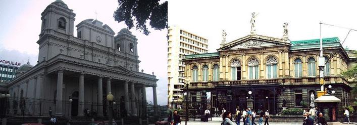 Figura 10. San José se ofrece a sus visitantes a través de "espacios públicos" icónicos, entre otros la Catedral Metropolitana, el Teatro Nacional, el edificio de Correos y el Gran Hotel. Izquierda, Autores: Doug y Erynn Rathburn; y derecha, Autores: Doug y Erynn Rathburn.