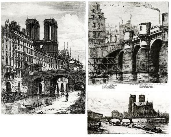 Figura 7. De arriba a abajo; Le Petit Pont, Charles Meryon, 1854; Pont au Change, Charles Meryon, 1854; y Le Pont Neuf, Charles Meryon, 1854.
