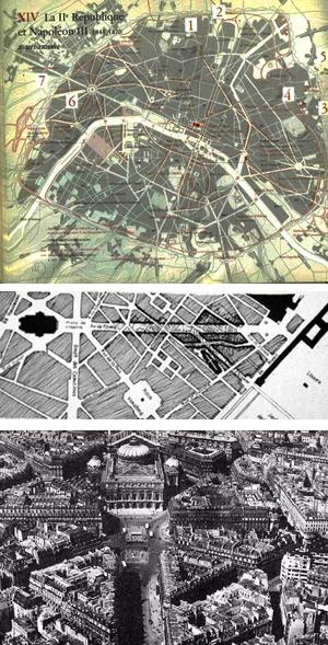 Figura 6. Imágenes del Plan Haussman. De arriba a abajo; Propuesta de intervencion Plan Haussmann, 1848. En rojo, las vias a ser modificadas; Plan de intervencion para la Via de la Opera. En negro, en la esquina superior se puede ver el Teatro de la Opera; y Resultado de la intervención realizada en la Via de la Opera.
