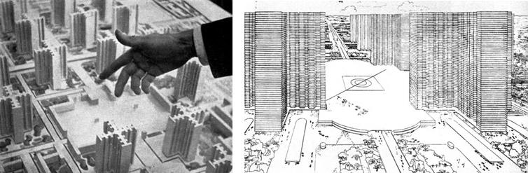 Figura 4. Le Corbusier y la ideología de la arquitectura moderna. Charles-Édouard Jeanneret-Gris, mejor conocido como Le Corbusier (1887-1965) es para muchos el padre de la arquitectura moderna y del Estilo Internacional. Este arquitecto nacido en Suecia y nacionalizado francés a los 30 años desarrolló, entre otros proyectos, uno que marcó indiscutiblemente el rumbo del urbanismo y de la ciudad moderna: el plan Voisin (1925). Este proyecto de urbanismo utópico diseñado para Paris suponía un modelo de ciudad que toma como principio la tabula rasa y el ordenamiento vertical de habitaciones en este nuevo vacío, con un edificio en planta cruciforme que permitiría igual recepción de luz, aire y acceso al suelo común para todos los habitantes, y un sistema de suelos, áreas verdes y servicios comunes. Como gran parte de los urbanistas de inicios de siglo XX, Le Corbusier buscaba a través de la arquitectura construir un modelo de sociedad, donde todos tuvieran igualdad de condiciones y derechos sobre el suelo urbano. Así, el arquitecto toma el rol de dios creador, quien inventa la ciudad perfecta desde cero, destruyendo todo lo anteriormente creado e implantando un nuevo mundo. Acompañando a este modelo de ciudad radiante aparece la figura del hombre nuevo a través de la creación del modulor, una nueva unidad de medida para crear la arquitectura, que se basa en las medidas del cuerpo humano, perfectas y estándares. //L.P.